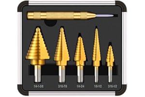 6-Piece Step Drill Bit Set with Aluminum Case,High Speed Steel Titanium Step Drill Bits with Automatic Center Punch for Sheet