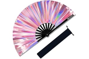 Raveahem Large Rave Fan, Clack Folding Hand Fan with Premium Fabric, Thick Bamboo Frame for Men Women Gift for EDM, Festival, Club, Party, Dance, Decoration (Holographic Pink, 13")