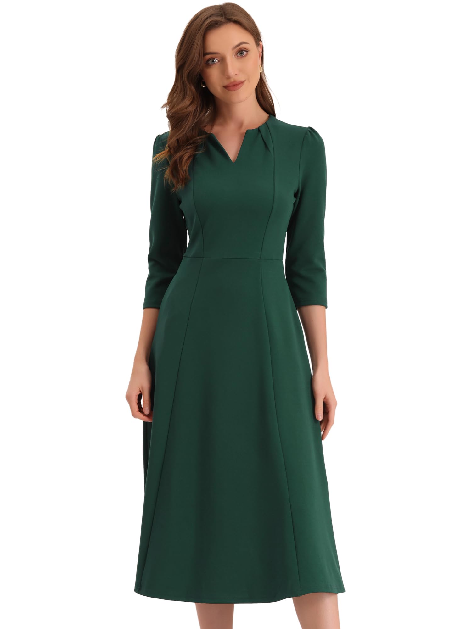 Photo 1 of Allegra K Women's 3/4 Sleeve Dresses V Neck Elegant A-Line Work Business Formal Midi Dress with Pockets Large Dark Green