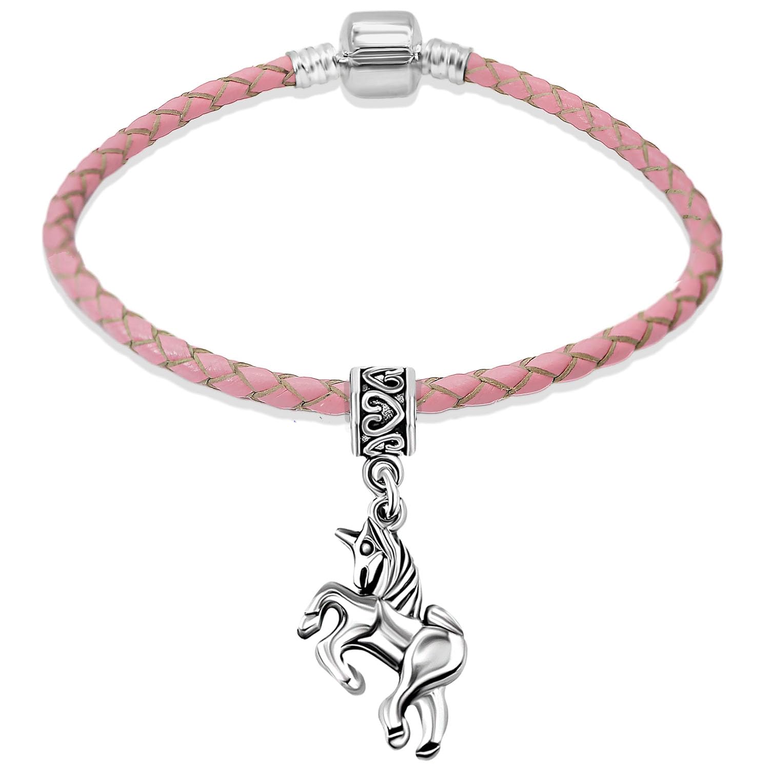 Girls Pink Genuine Leather Unicorn Starter Charm Bracelet – 17 cm Size for Ages 7–12, Silver Plated Unicorn Charm, Gift Box Included
