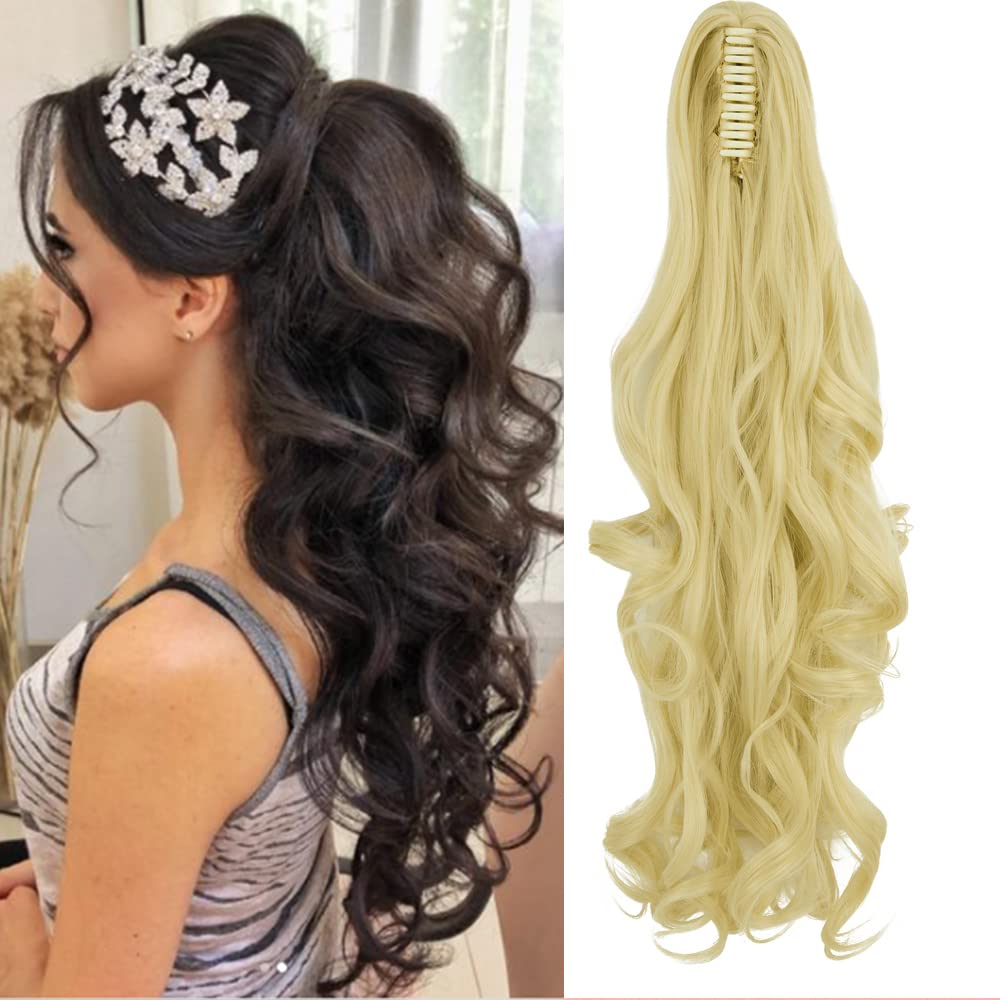 OMGREAT Long Claw Clip in Ponytail Extensions Synthetic Thick Hairpieces 24Inch Pony Tail for Women with a jaw Claw Bleach Blonde