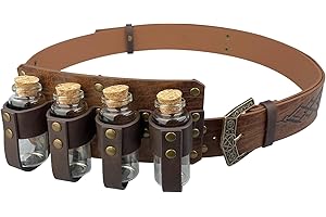 HiiFeuer Medieval Embossed Alchemy Faux Leather Buckle Belt with 4 Cork Vials, Fantasy Wizard Potion Bottles Belt