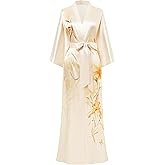 PRODESIGN Kimono Robes for Women - Long Satin Sleepwear Silky Nightgown Bathrobe Floral Dressing Gown Blouse Wedding Robe