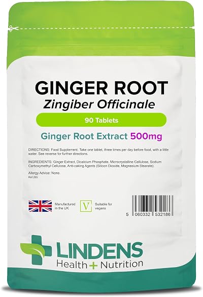 Lindens Ginger Root 500mg 90 Tablets UK Made Travel Sickness Vegan