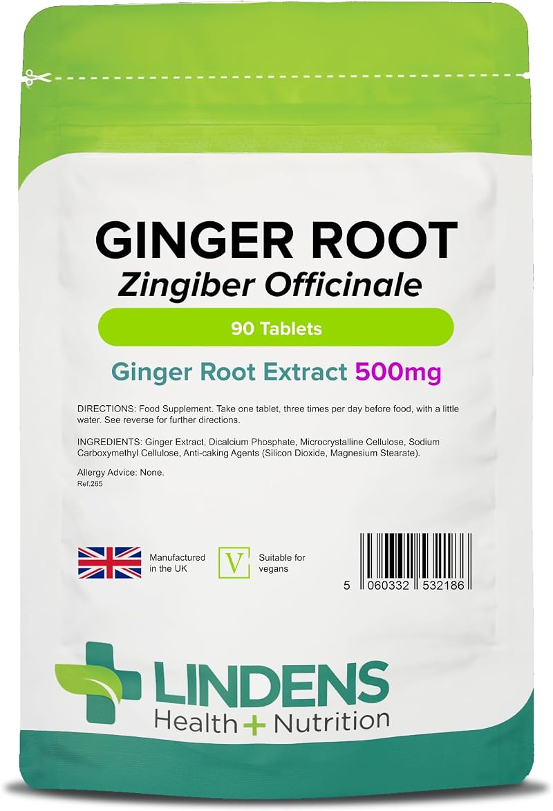 Lindens Ginger Root 500mg 90 Tablets UK Made Travel Sickness Vegan