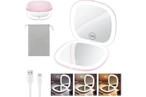 Benbilry 3.9" Rechargeable Compact Makeup Mirror with 3 Light Colors and Magnification 1X / 10X, Double Light Strip Dimmable Travel Makeup Mirror LED Compact Mirror Small Purse Mirror, Light Pink