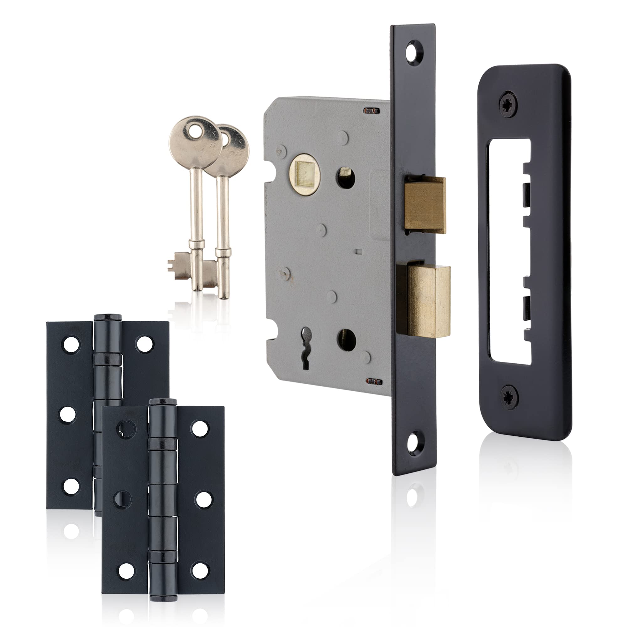 XFORT Matt Black Sashlock Door Accessory Pack, Includes 65mm Black Mortice Sashlock and 75mm Ball Bearing Hinges, for Internal Wooden Doors Requiring Key Locking Security.