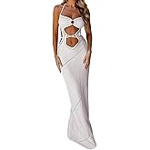 Women Crochet Knit Bodycon Maxi Dress Sexy Cut Out Front Lace up O Ring Open Back Long Dresses
