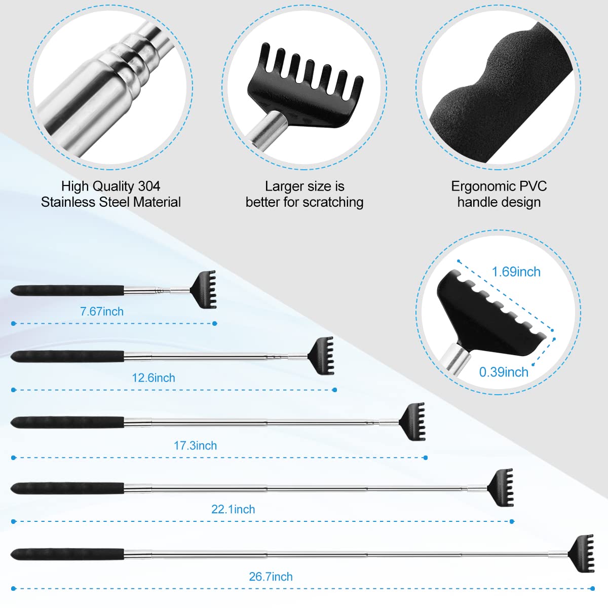 3 Pack Different Back Scratcher Metal Portable Telescoping with Rubber Handles, Extendable Back Massager Tool with Beautiful Box, Stocking Stuffers for Men Women Christmas Presents(Black)