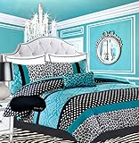 Teen Girls Bedding Damask Leopard Comforter TWIN / TWIN XL Bedspread Black White Teal Aqua Blue Set + Sham + Adorable Throw Pillow + Home Style Brand Sleep Mask Polka Dot Comforters Sets for Girl Kids