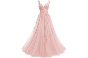 YMSHA V Neck Tulle Prom Dresses 2025 Long Sparkly Lace Formal Party Dress YMS23
