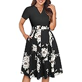 YATHON Womens Elegant Print Notched Neck Slant Pocket Pleated Hem Casual A-Line Dress
