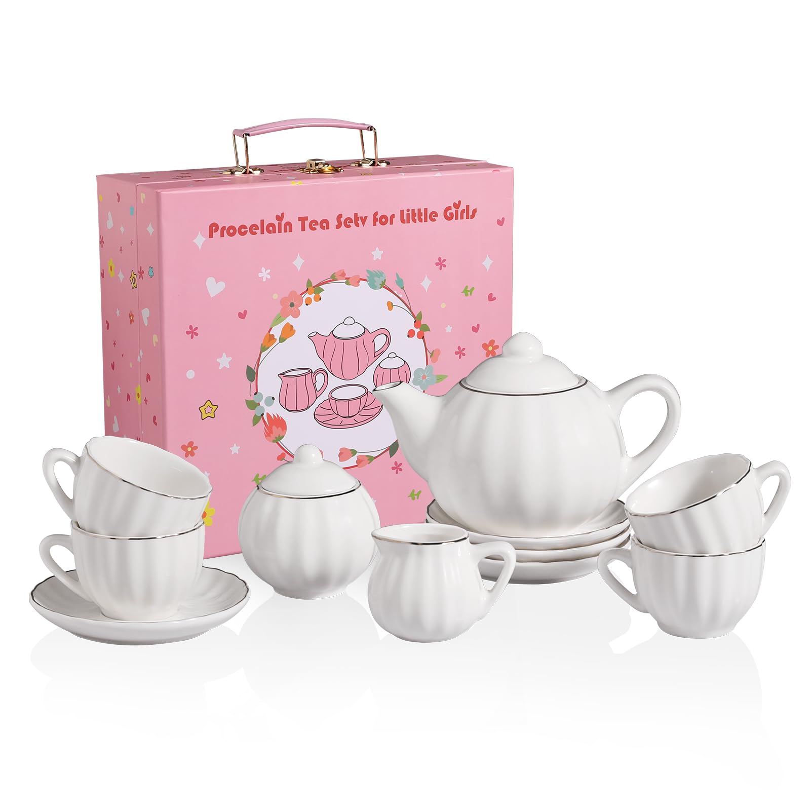 Sweejar Porcelain Toy Tea Sets British Royal Series, Vintage Style Tea Set for Children, Cups & Saucer Service for 4, with Teapot, Sugar Bowl and Cream Pitcher(White)