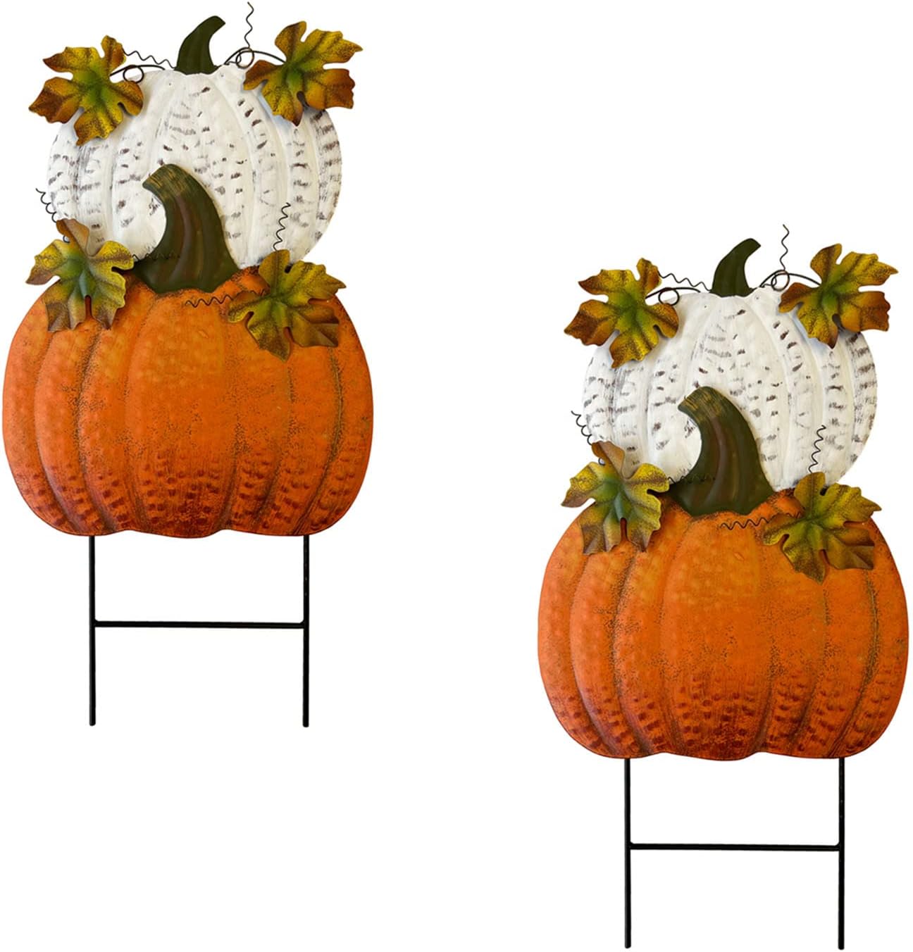 Decorative Garden Stakes - Set of 2 Rustic Metal Stacked Pumpkin Garden Stake Indoor Outdoor Welcome Decoration Hanging Metal Double Pumpkins Yard Signs for Fall Harvest Decor Thanksgiving Halloween Lawn Decoration