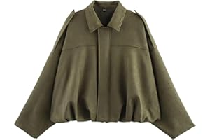 Xunger Women's Faux Suede Bomber Jacket Spring Lapel Pilot Coat Casual Oversized Long Sleeves Trendy Streetwear Outerwear