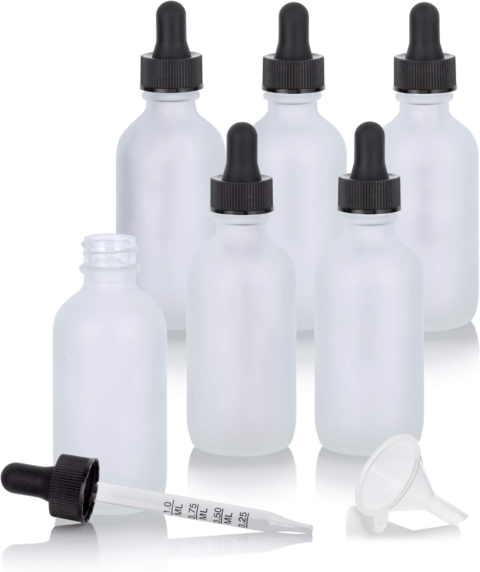 2 oz / 60 ml Frosted Clear Glass Boston Round Graduated Measurement Glass Dropper Bottle (6 pack) + Funnel