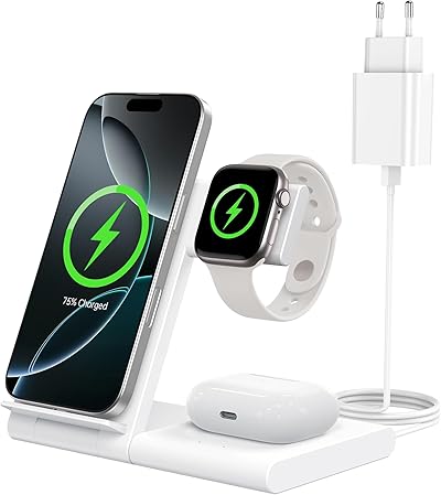 WATOE Ladestation Apple Watch und iPhone, 3 in 1 Ladestation für iPhone 17/16/15/14/13/12/11/Pro/Max/Plus, Apple Watch Ultra 3/11/10/9/8/7/6/SE 3, für AirPods 4/3/2/Pro 3 (Weiß)