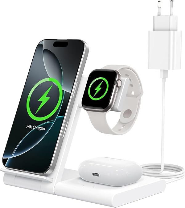 WATOE Ladestation Apple Watch und iPhone, 3 in 1 Ladestation für iPhone 17/16/15/14/13/12/11/Pro/Max/Plus, Apple Watch Ultra 3/11/10/9/8/7/6/SE 3, für AirPods 4/3/2/Pro 3 (Weiß)