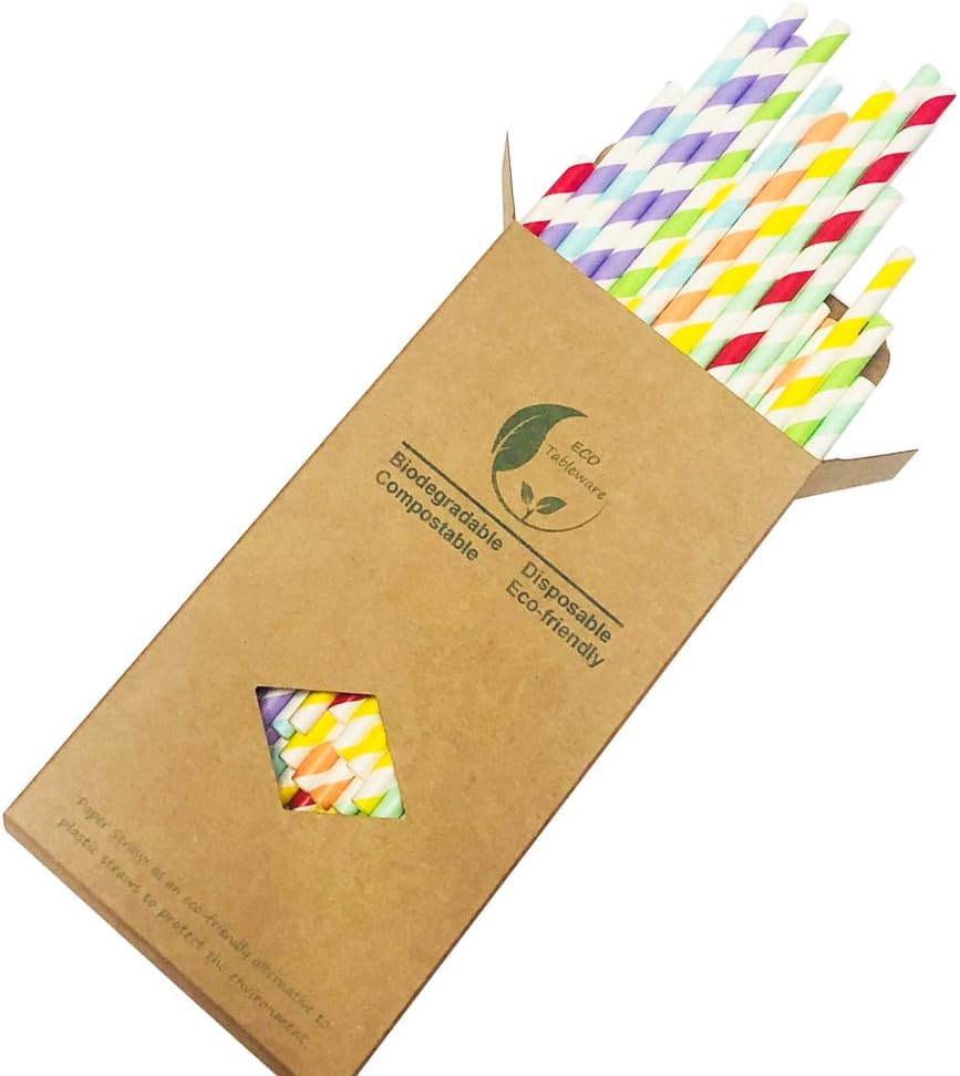 Multicoloured Striped Paper Drinking Straws,100-Pack Biodegradable Disposable 7 Colors Rainbow Stripes Straw for Christmas Birthday Party Decoration - Image 5