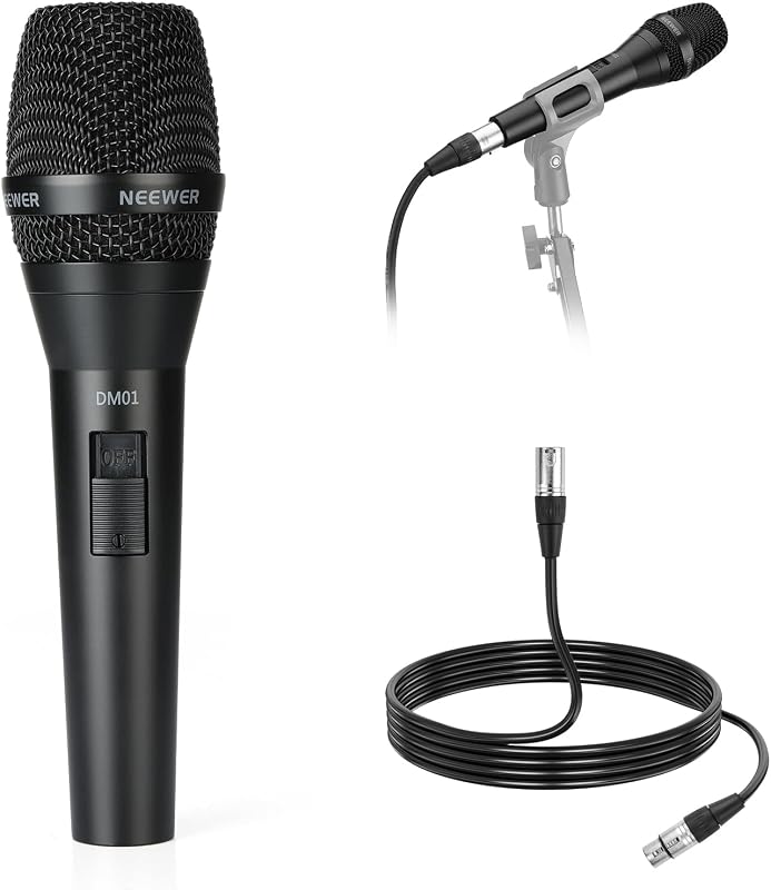 Microfone Cardioide Dinâmico DM01 com cabo XLR para Podcast Cantado, Jogos de PC, Jogos, Estúdio, Voz, Atuações ao Vivo, 600Ω +/- 30% de Impedância, Gama de Frequências de 100 Hz a 10 KHz