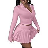 SOLY HUX Women's Skirt Sets 2 Piece Outfits Long Sleeve Crop Top with Pleated Mini Skirt Set Party Outfits for Women