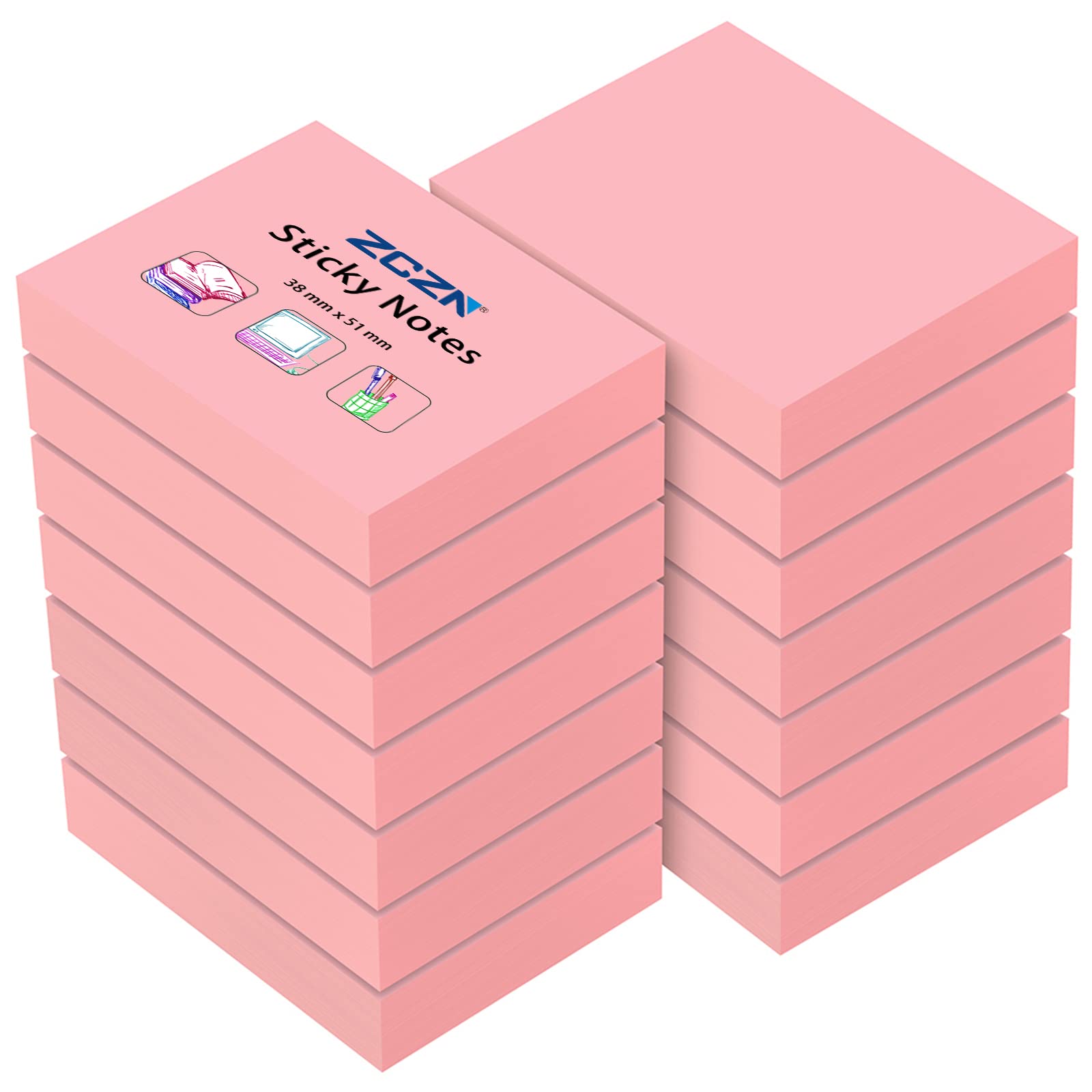 ZCZN Small Sticky Notes 38 x 51mm, 100 Sheets/Pad, 14 Pads, Pink