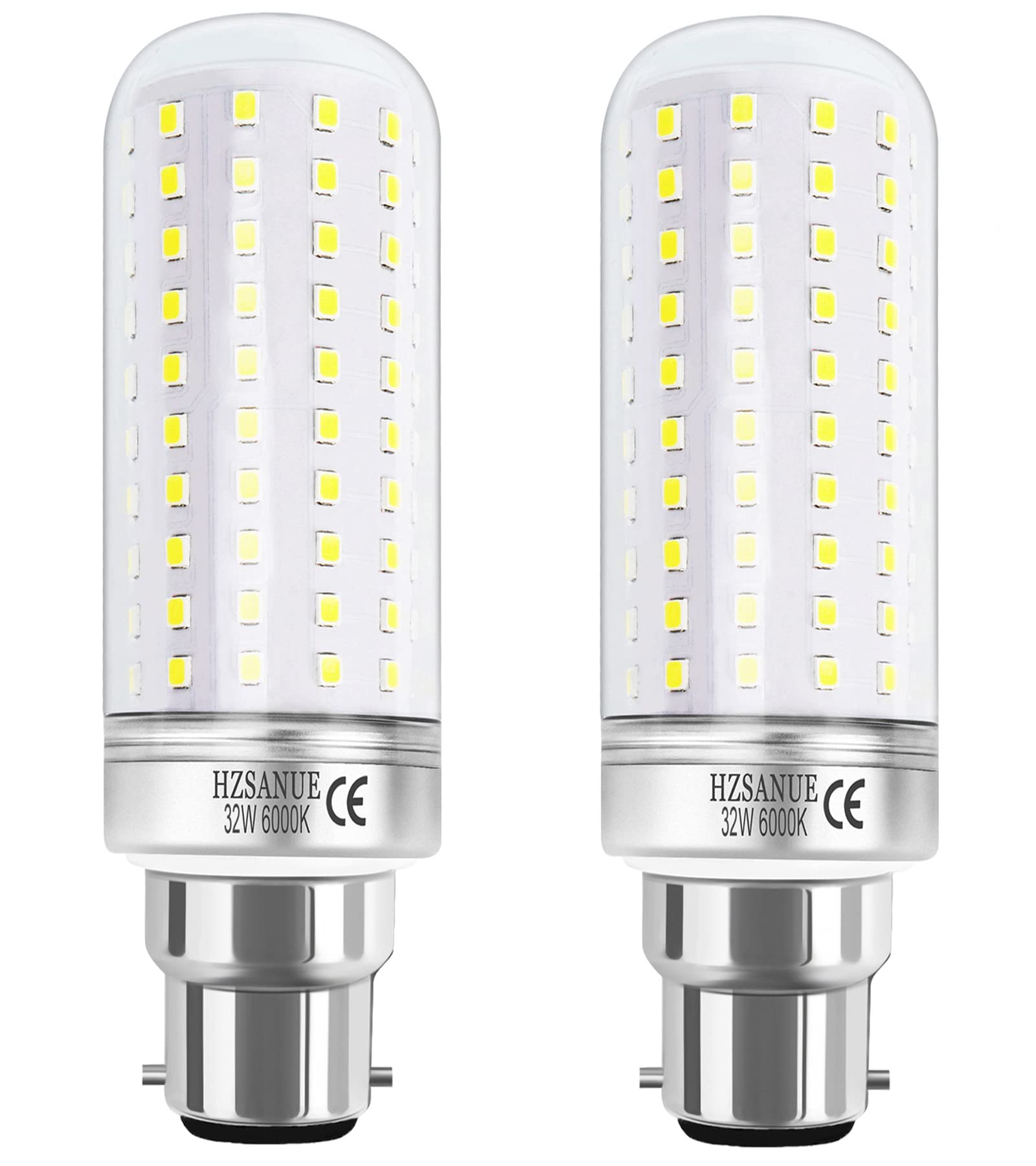 HZSANUE LED Corn Bulbs 32W, B22 Bayonet Cap LED Light Bulbs,6000K Daylight White, 3600Lm,240W Incandescent Bulbs Equivalent,No Dimmable,Pack of 2