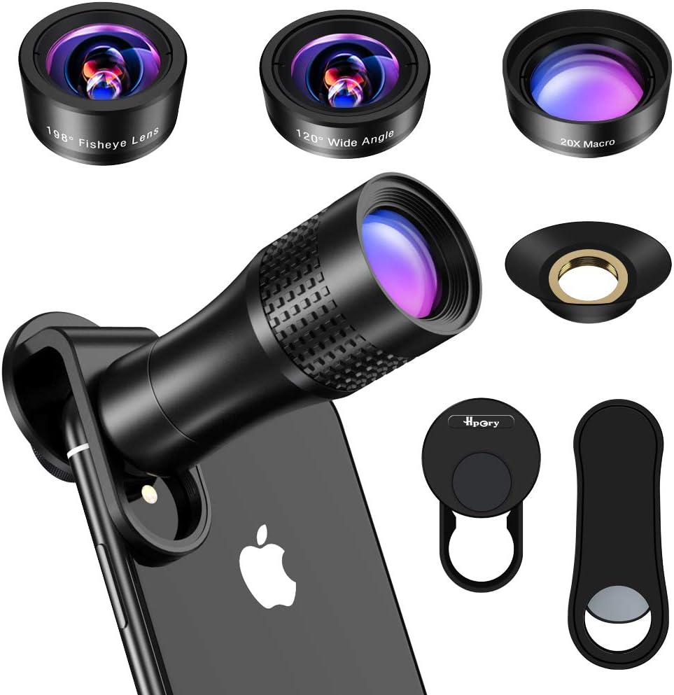 Hpory Zoom Telephone Lens for iPhone Camera Lens Kit 4 in 1 Fisheye Wide Macro Lens 14X Zoom Lens Kit for iPhone and Samsung Android