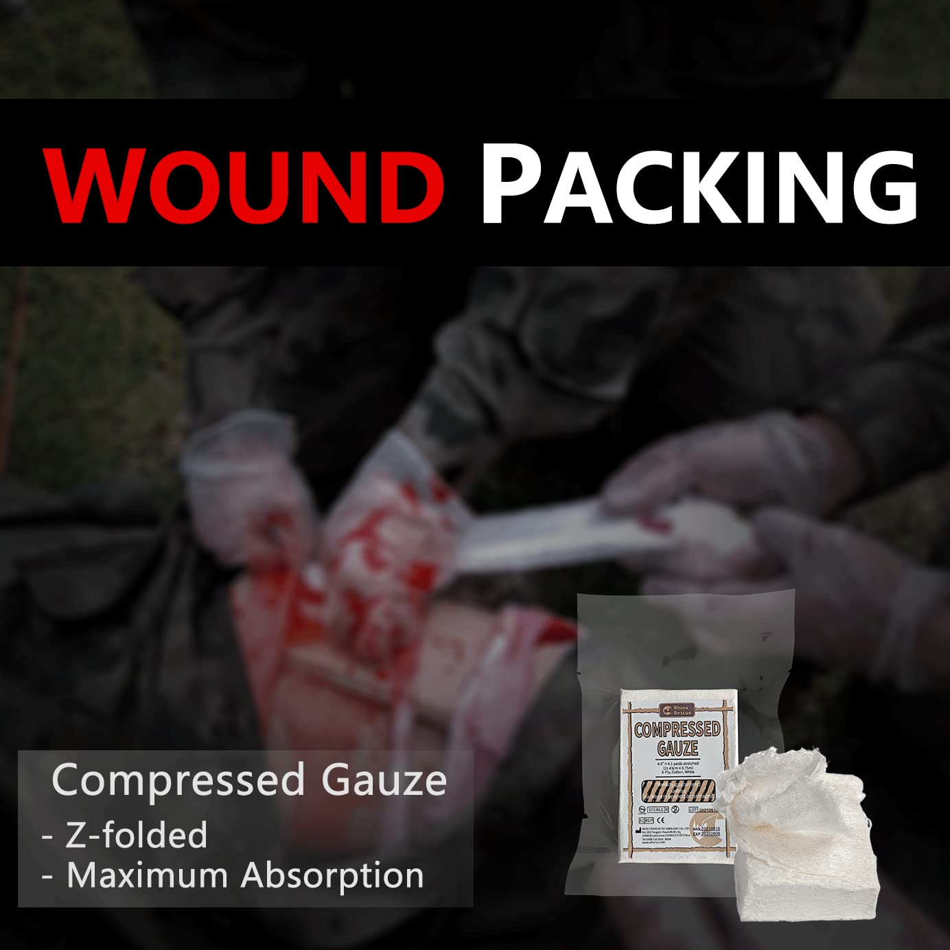 RHINO RESCUE Sterile Compressed Gauze for Emergency Wound Dressing, First Aid and Trauma Kit, 6 Pack