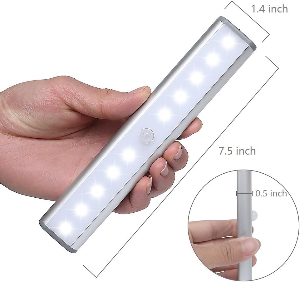 Moston 10 LED Magnetic Motion Sensor Wardrobe Closet Lights,Auto On/Off Under Cupboard Cabinet Lighting,Rechargeable Battery Powered Sensing Night Light,Stick-on Anywhere (Silver Aluminium,2 Pack) - Image 3