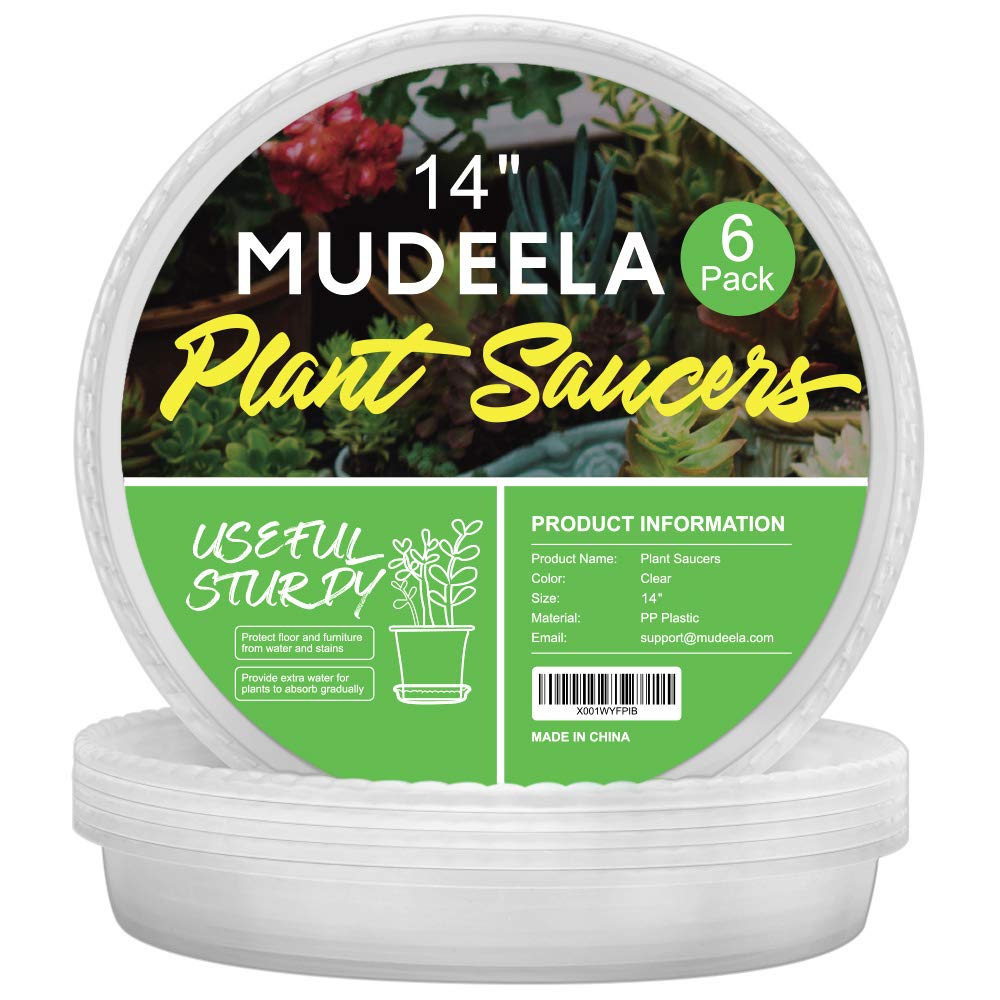 Photo 1 of MUDEELA 6 Pack of 14 inch Plant Saucer, Durable Plastic Plant Trays for Indoors, Clear Plastic Flower Plant Pot Saucer, Made of Thicker, Stronger Plastic, with Taller Design(14" - 6 Pack)