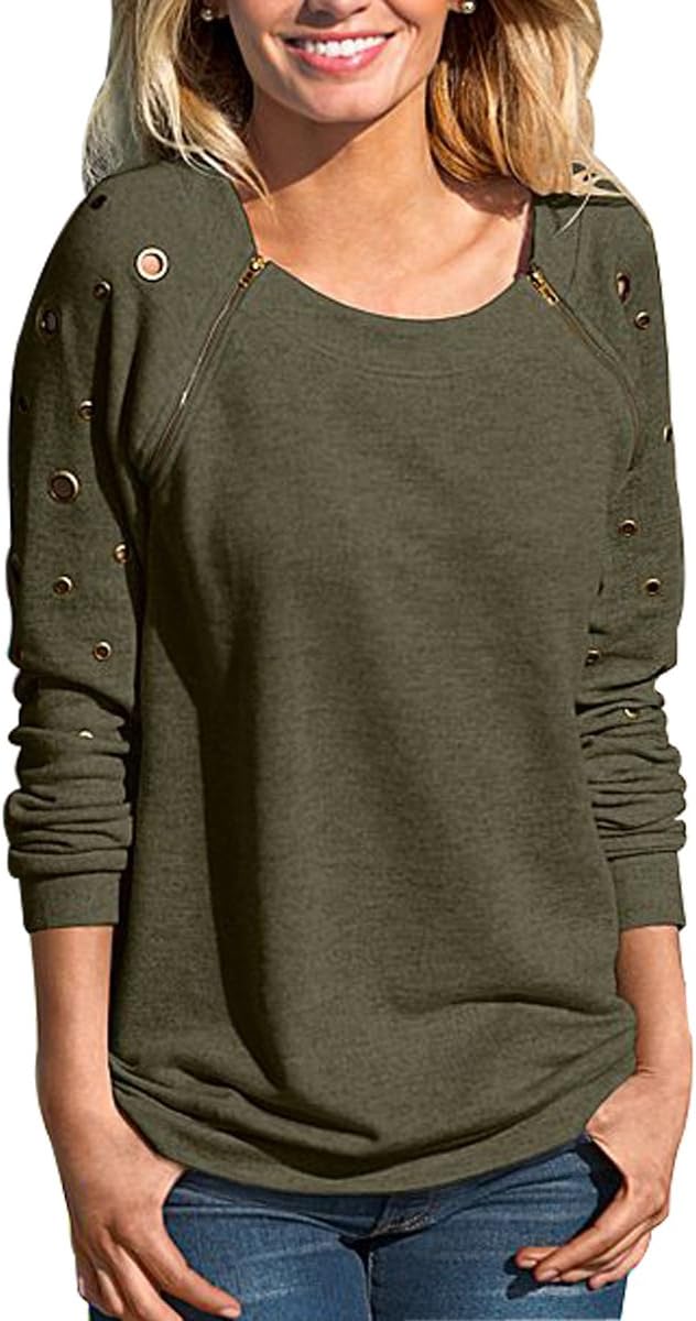 Sophieer Womens Casual Solid Color O Neck Long Sleeve Zipper Shirt Top Tshirt S-XL