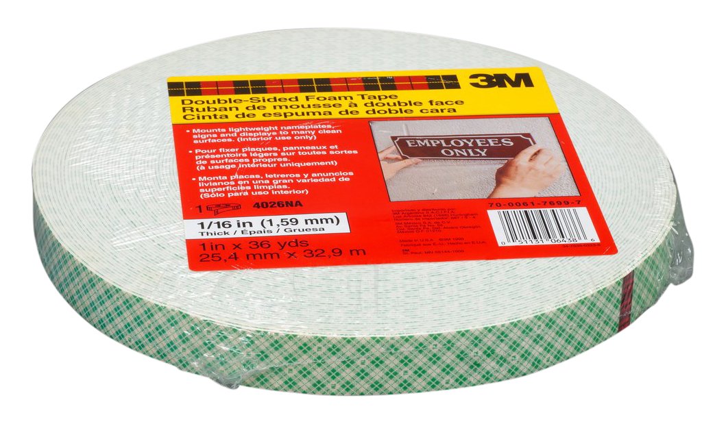 3M 4026 Double Coated Urethane Foam Tapes, 12 mm x 33 m, 1.6 mm, White, Pack of 18