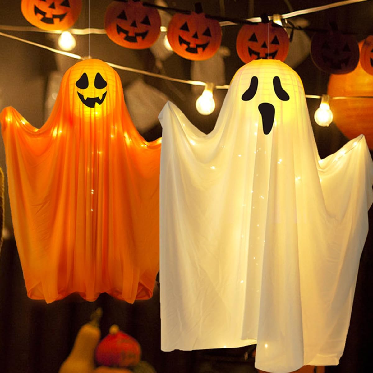 String Lights - EMOGGOKI Halloween Decorations, 2PCS Halloween Hanging Ghost Lights, Halloween Decoration Light for Indoor Outdoor Garden Patio Front Door Tree, 38 Inches