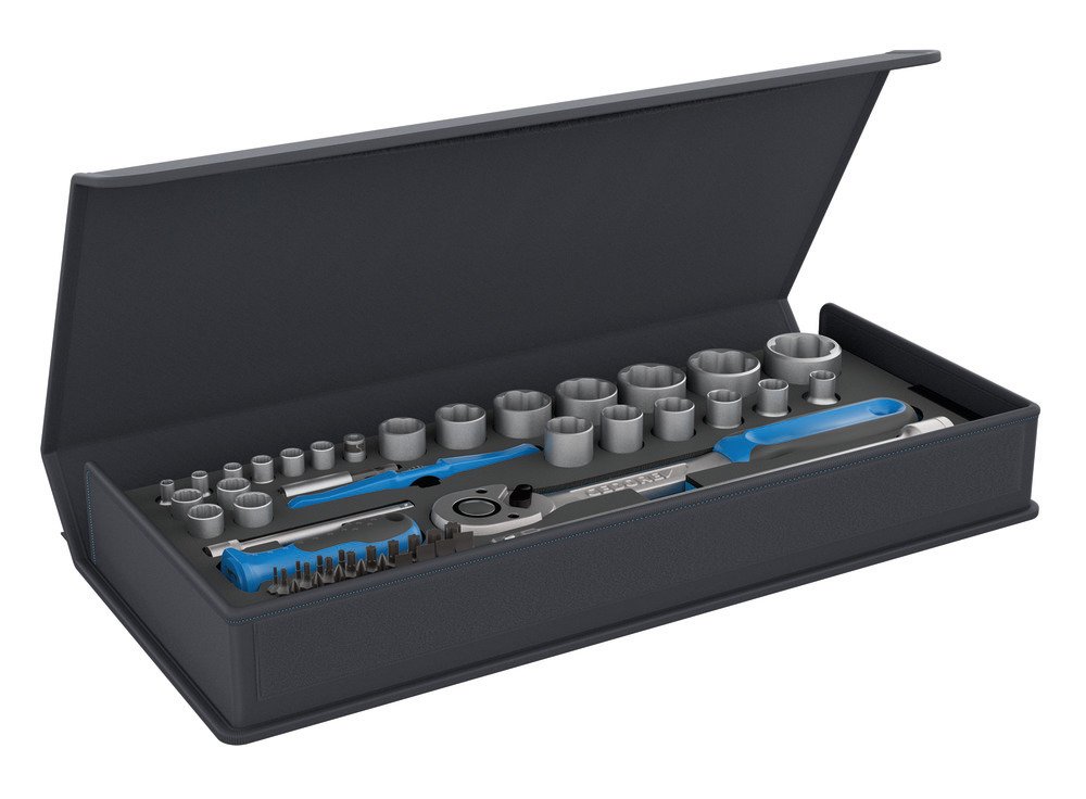 GEDORE TC 19-20-MU-10 Socket Spanner Set 1/4 Inch and 1/2 Inch in Textile Bag with Carry Handle/Lever Reversible Ratchet/Extension/Universal Joint/Hexagonal Socket Spanner Inserts