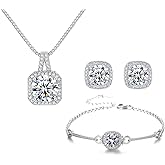 Hadskiss Silver Cubic Zirconia Earrings and Pendant Necklace Link Bracelet Set for Women 14K White Gold Plated Square Wedding Jewelry Sets for Bride Bridesmaid
