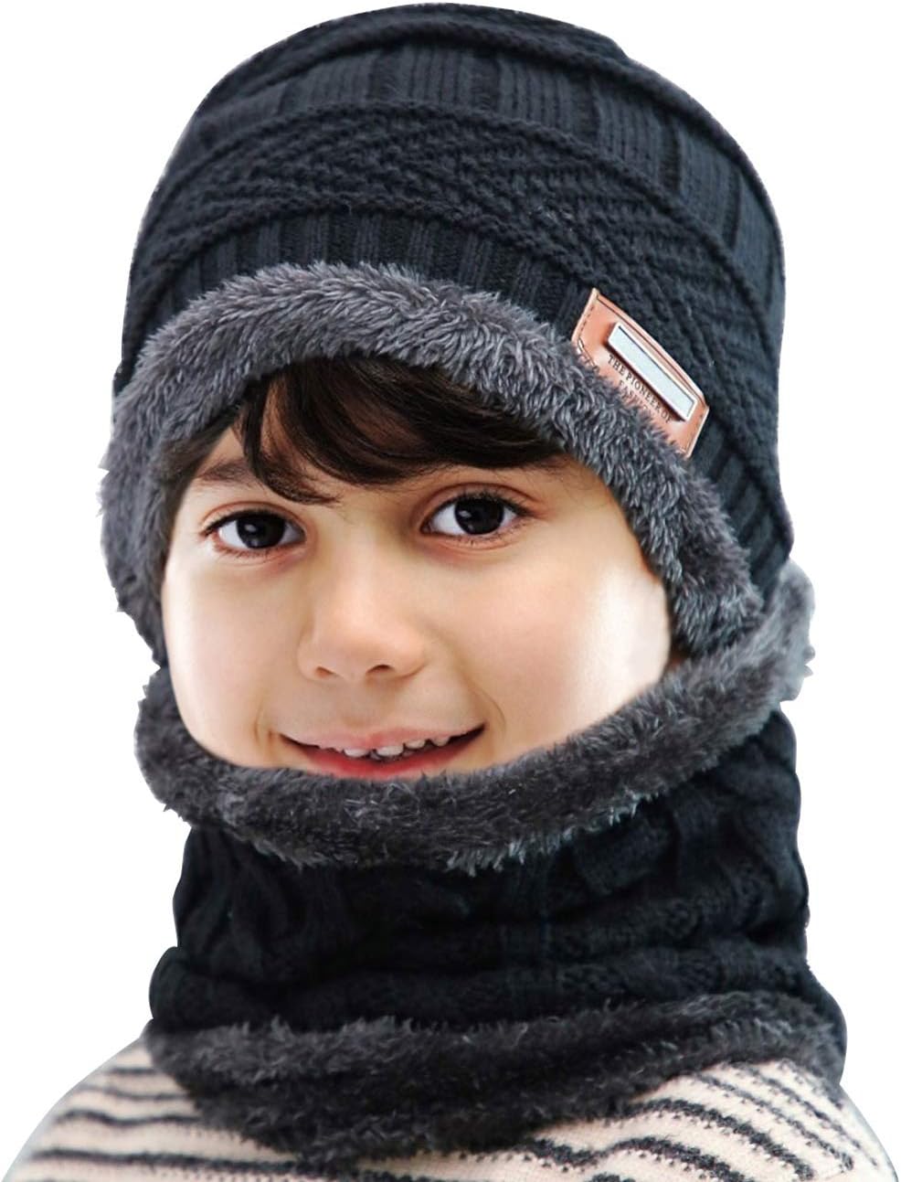 Petrunup 2/3Pcs Boys Beanie Hat and Loop Scarf Set, Warm Winter Hats Knitted for Girls Kids Children