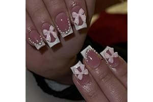 CTTHNBD Short Press On Square Fake Nails - White French Tip, Pink Acrylic, Pearl Bow Charms Design - Glue On, Glossy Full Cover Stick On Nails - 24 Pcs