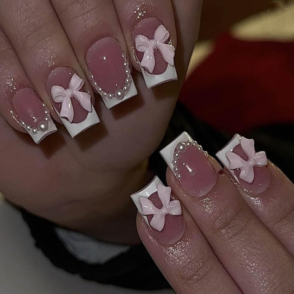 Short Press On Square Fake Nails - White French Tip, Pink Acrylic, Pearl Bow Charms Design - Glue On, Glossy Full Cover Stick On Nails - 24 Pcs