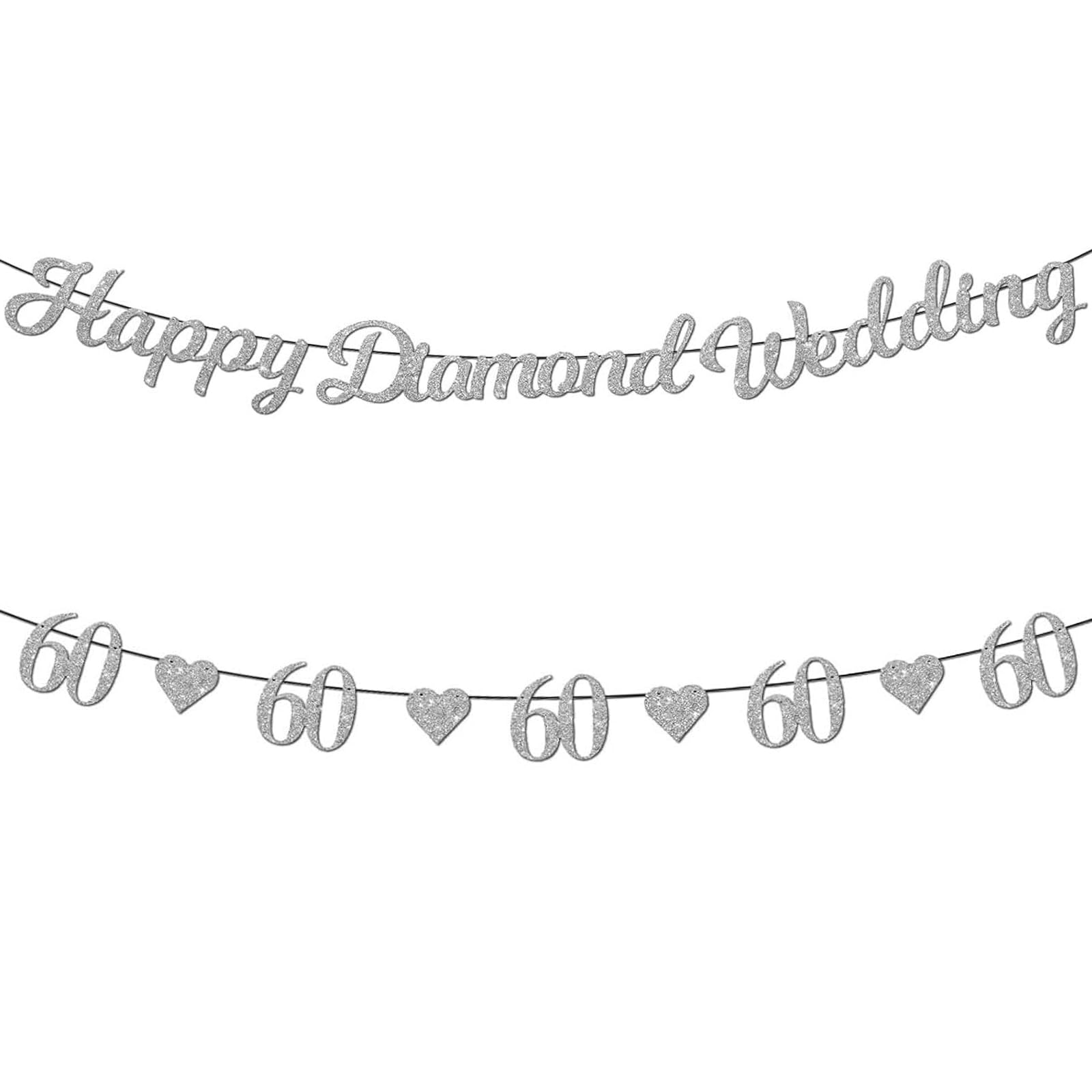 60th Wedding Anniversary Decorations, Diamond Wedding Anniversary Decorations, 60th Anniversary Decorations, Diamond Anniversary Decorations Happy Anniversary Banner with Silver Heart Bunting