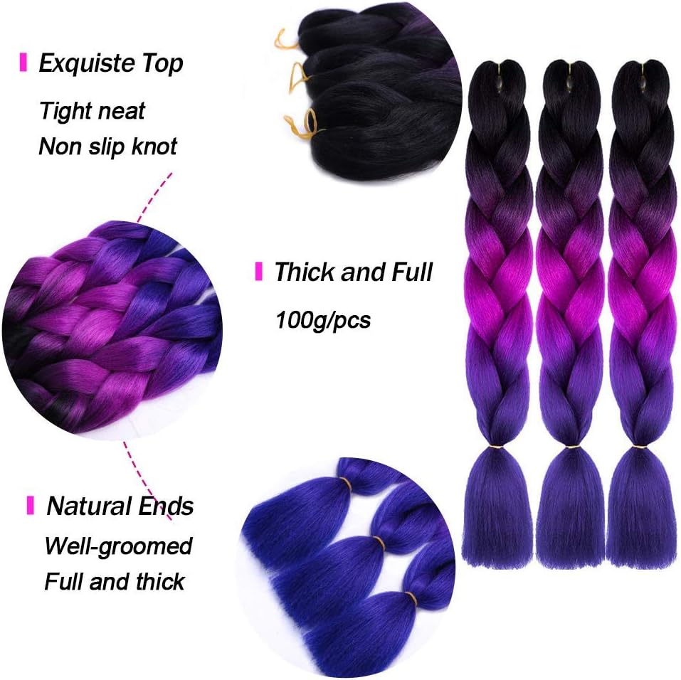 ColorfulPanda 3pc/pack 24inch Synthetic Ombre Jumbo Braiding Hair Extension Heat Resistant Synthetic African Box Braids Crochet Twist Braided hair(Black Purple Red Blue) - Image 4