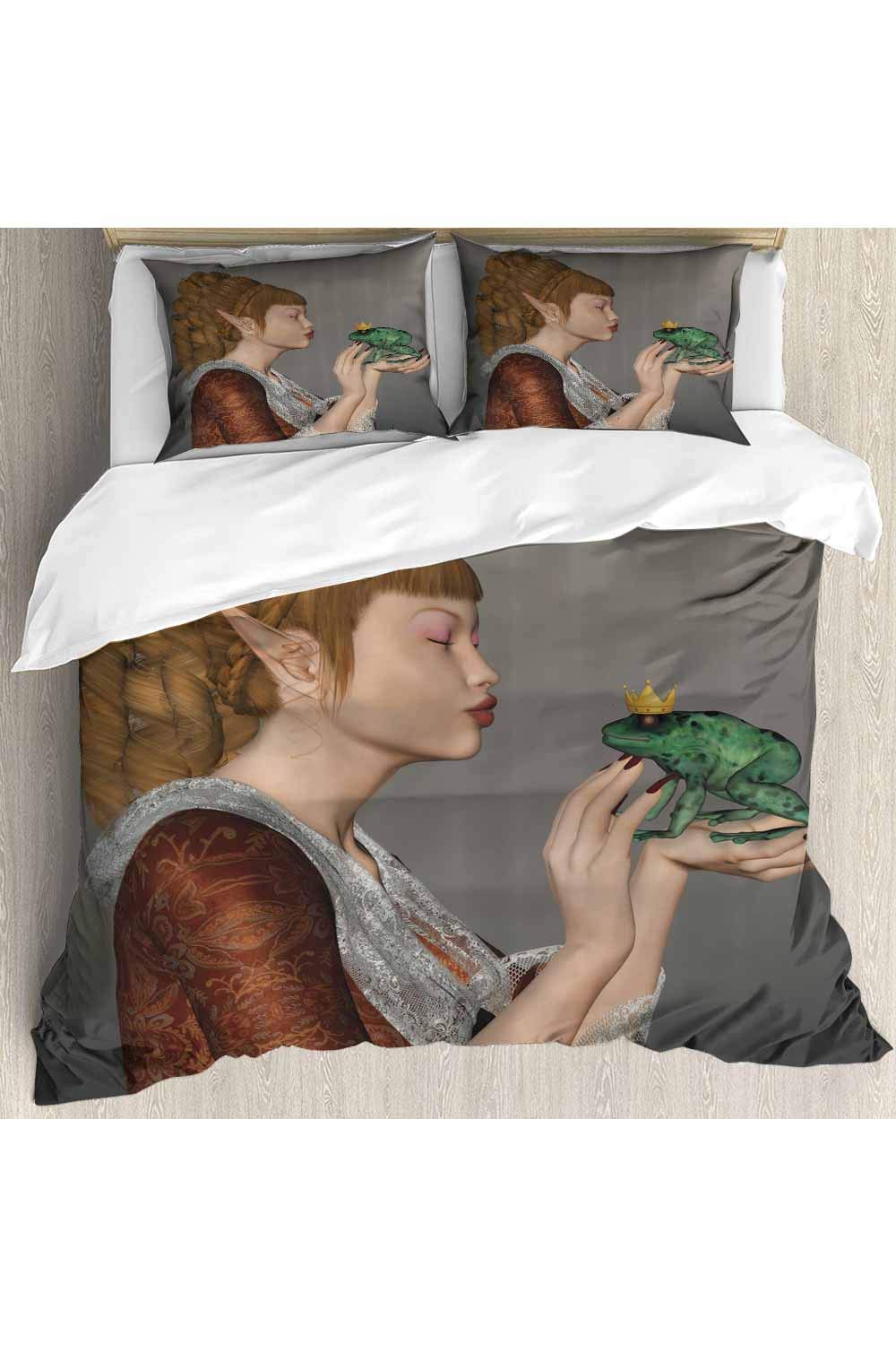 prunushome 100% Washed Cotton Duvet Cover Set Princess Kissing Frog 3 Pieces Luxury Soft Bedding Set, Quilt Cover Size - Twin(No Comforter Insert)