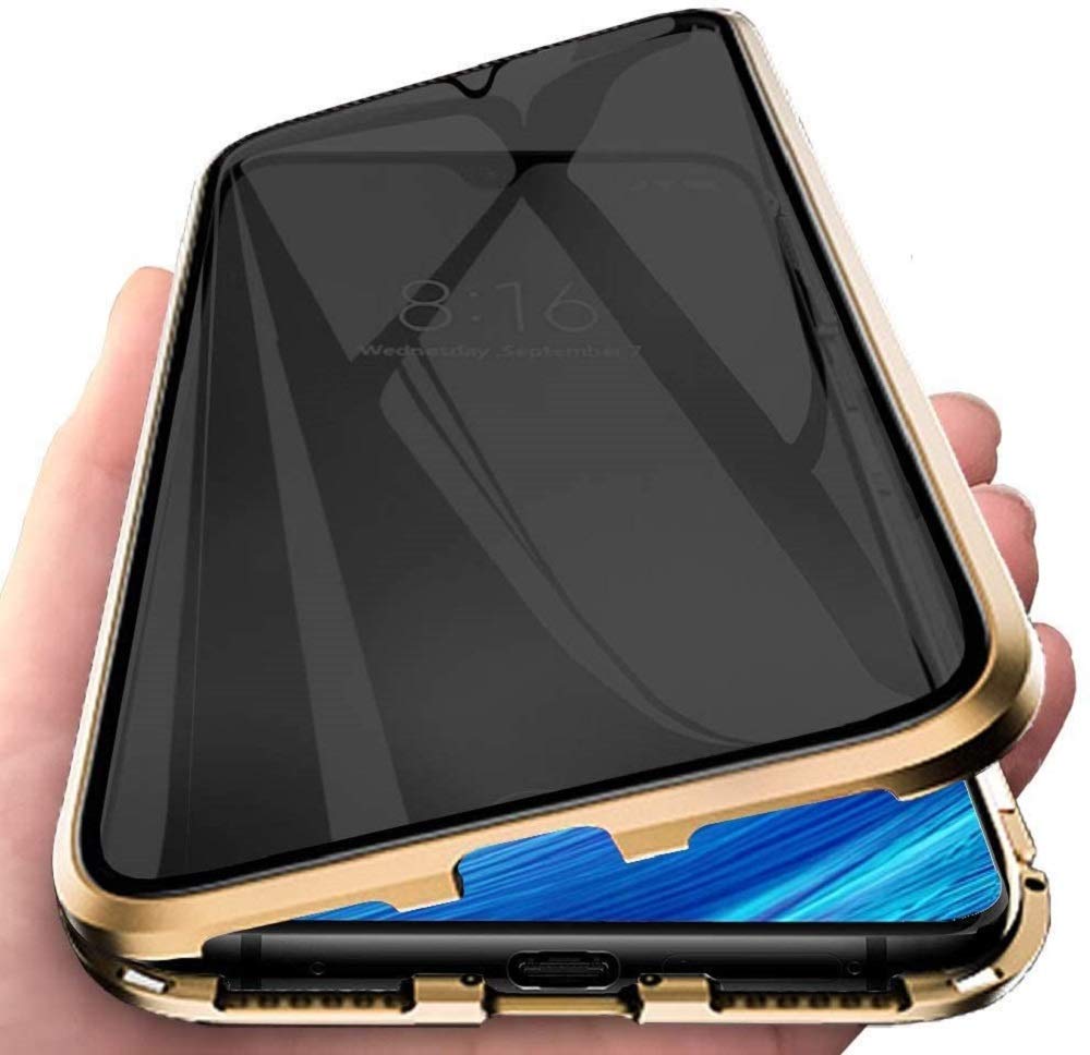 Hkess Anti-Peep Magnetic Adsorption Case for Huawei P50 Pro,Cover Metal Bumper Privacy Magnetic Case Tempered Glass Anti Spy 360 Degrees Full Screen Protection Case Flip Privacy Cover,Gold