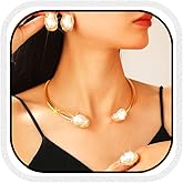 Zehope Baroque Pearl Choker Neckalce Set Irregular Pearl Jewelry Set Trendy Neckacles Earring Ring Sets for Women