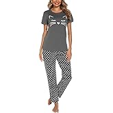 EISHOPEER Women's Cotton Pajama Set Cute Printed Short Sleeve Top & Long Pants Sleepwear Pjs Sets