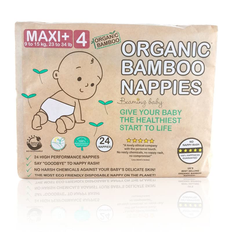 Beaming Baby Organic Bamboo Eco Nappies Maxi Plus Size 4 (9-15 kg / 23-34 lb) - 24 in Pack. Biodegradable, Hypoallergenic, No Nappy Rash, Recyclable Paper Packaging