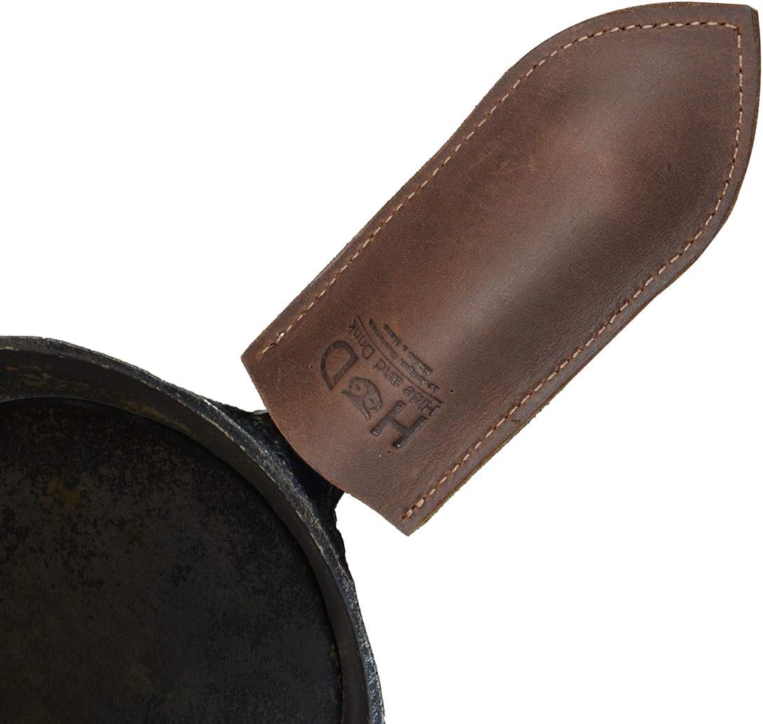 Hide & Drink, Rustic Thick Leather Cast Iron Hot Handle Cover (Small), Skillet Panhandle Grips, Frying Pan, Heat Protection, Kitchen Essentials Handmade Includes 101 Year Warranty :: Bourbon Brown