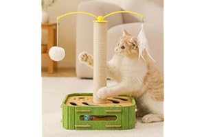 HSUERKFU Interactive Cat Puzzle Toy - 3-in-1 Activity Center with Feather Teaser Track, Scratching Post & Spinning Balls for Indoor Cats & Kittens, Encourages Active Play & Natural Hunting Instincts