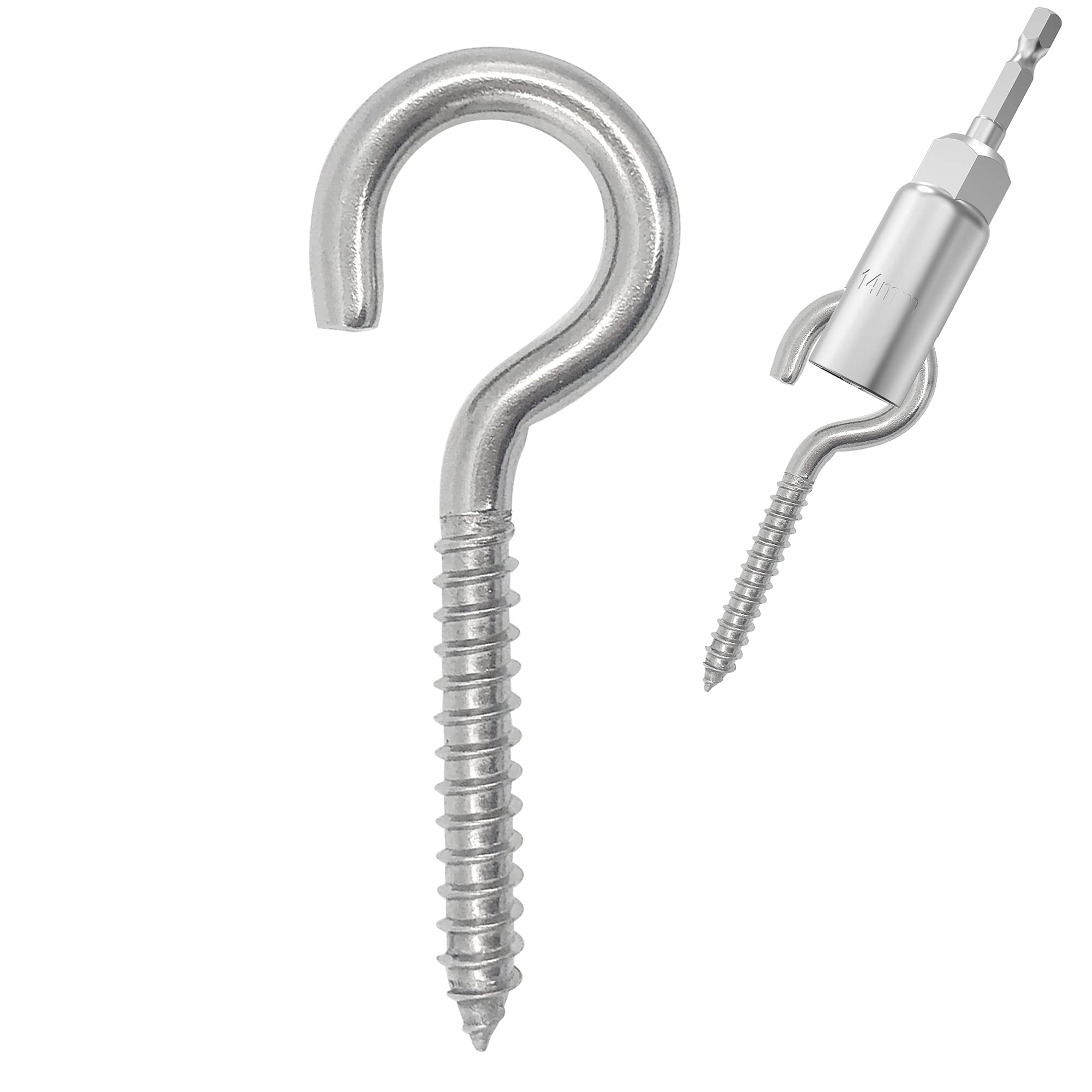HXLPAY 304 Stainless Steel Screw-in Hooks, Metal Hooks, Heavy-Duty Screw Eye Hooks, Wood Terminal Ring Eye Hooks,Christmas Lighting Hook. (14 pcs +1 pcs 1/4" hex Shank Wing nut Driver)