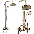 Gotonovo Luxury Exposed Shower Faucet Set - 8 Inch Wall Mount Rainfall Shower Head with Handheld Spray and Cross Double Handle Fixture in Antique Brass